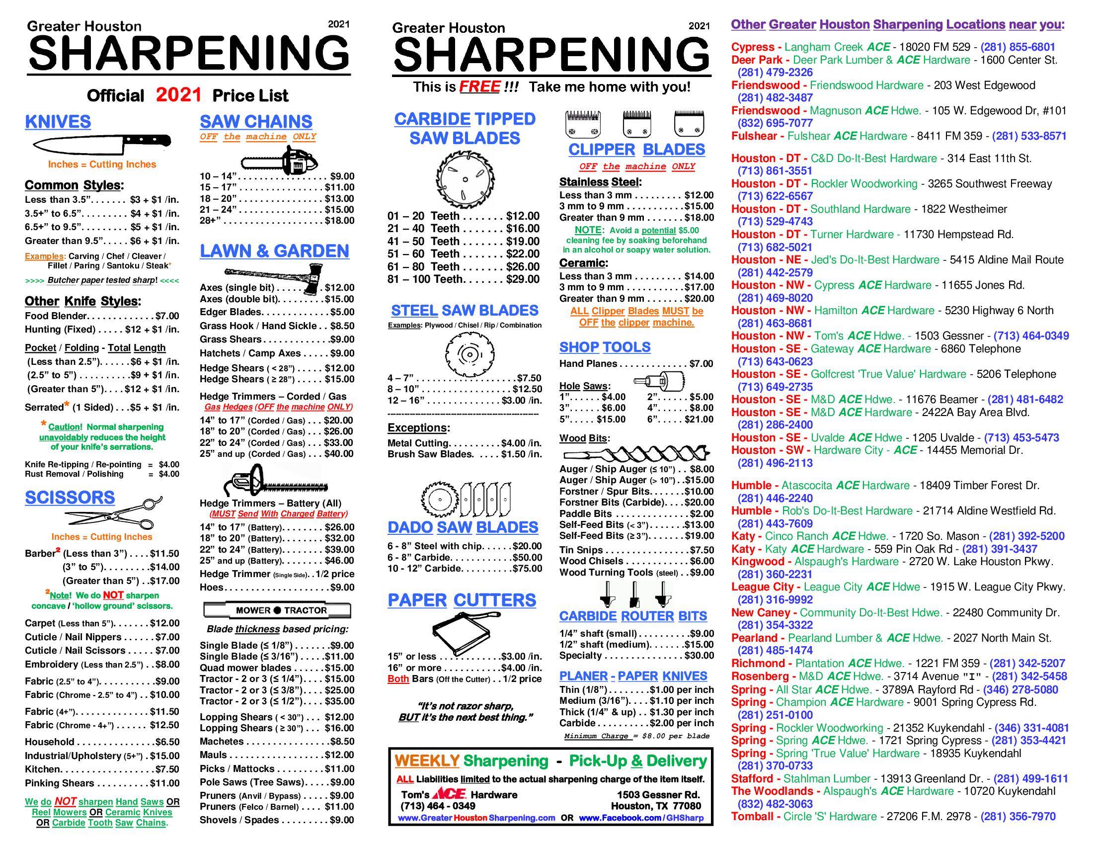 Greater Houston Sharpening @ Toms ACE Hardware | 1503 Gessner Rd, Houston, TX 77080, United States | Phone: (713) 464-0349