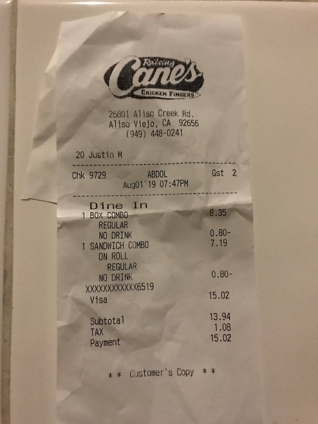 Raising Canes Chicken Fingers | 26801 Aliso Creek Rd, Aliso Viejo, CA 92656, USA | Phone: (949) 448-0241