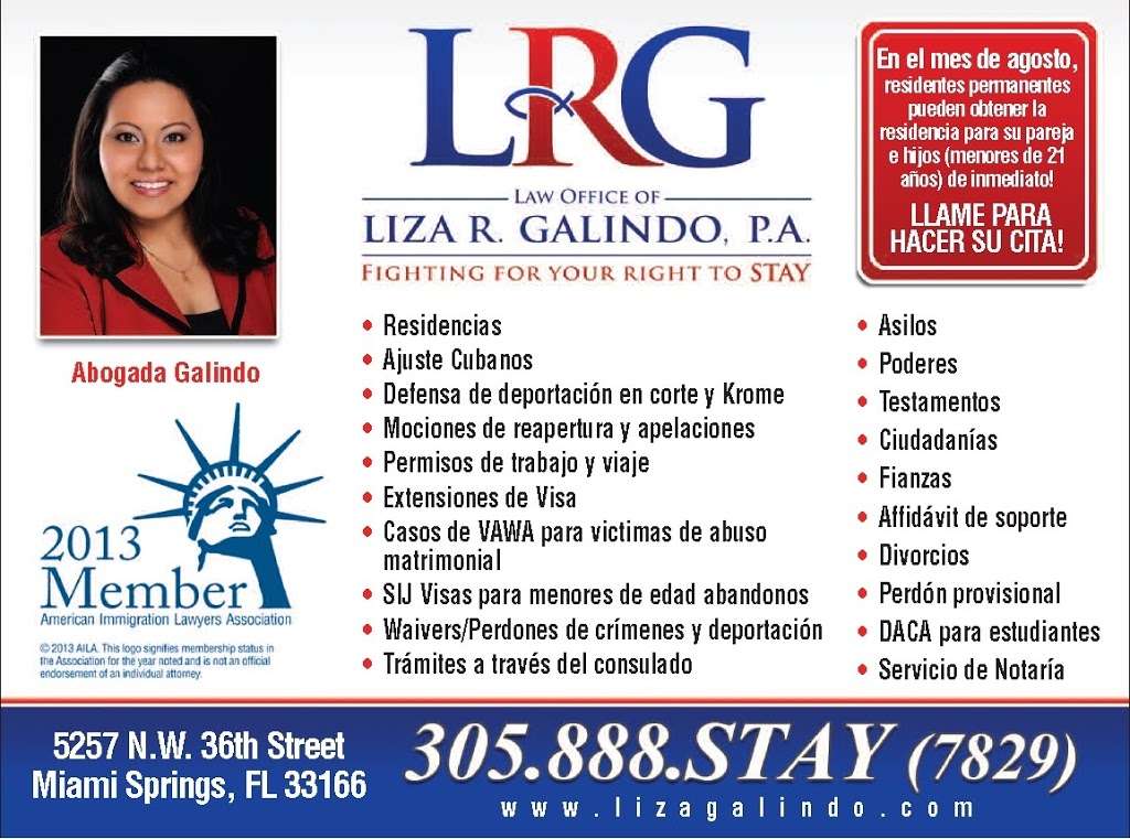 Law Office of Liza R. Galindo, P.A. | 5257 NW 36th St, Miami Springs, FL 33166 | Phone: (305) 888-7829