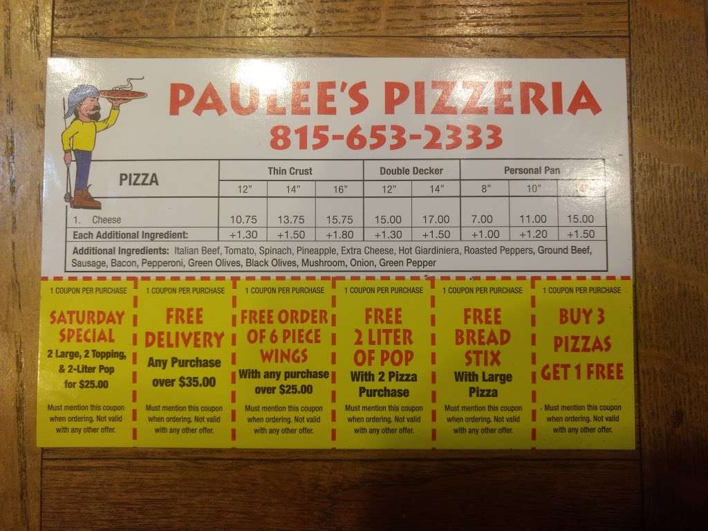 Paulees Pizzeria | 7431 Hancock Dr, Wonder Lake, IL 60097, USA | Phone: (815) 653-2333