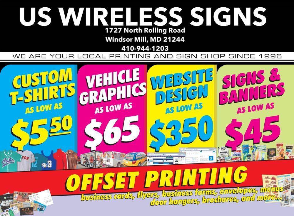 US Wireless., Signs & Printing - Baltimores Best Print Shop! Si | 1727 Rolling Rd. a1, Windsor Mill, MD 21244, USA | Phone: (410) 944-1203