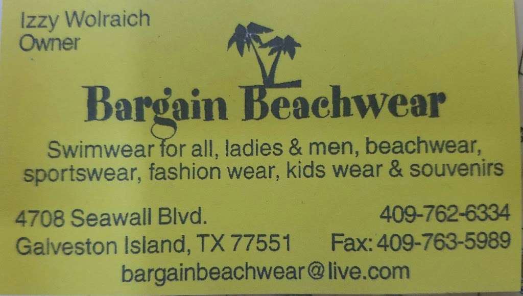 Bargain Beachwear | 4708 Seawall Blvd, Galveston, TX 77551 | Phone: (409) 762-6334