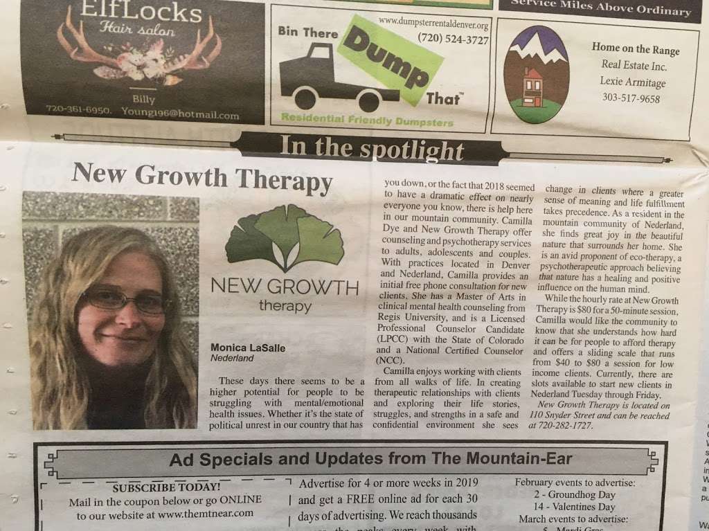 New Growth Therapy | 110 Snyder St, Nederland, CO 80466, USA | Phone: (720) 282-1727