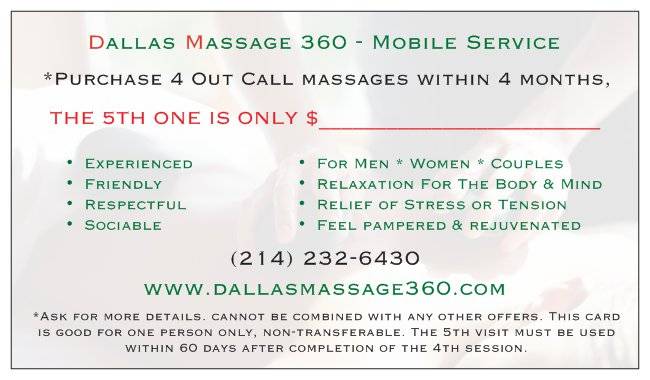 Dallas Massage 360 | 1016 Bainbridge Dr, Forney, TX 75126, USA | Phone: (214) 232-6430