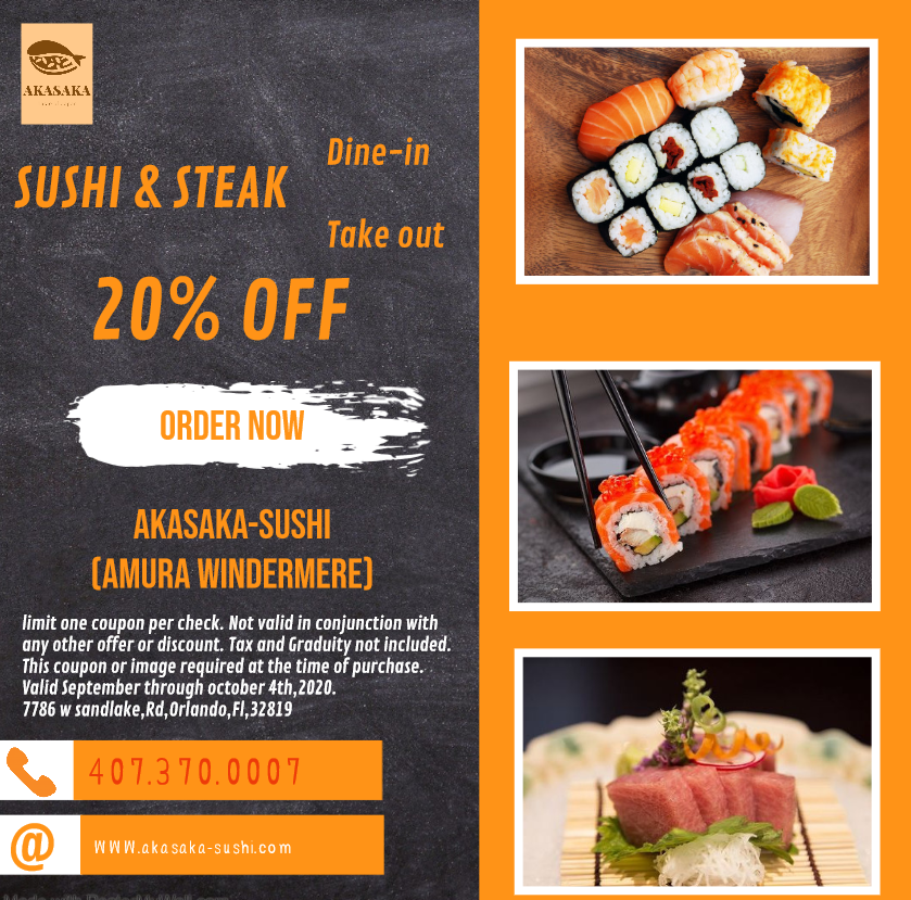 Akasaka Sushi steak japanese restaurant | 7786 W Sand Lake Rd, Orlando, FL 32819, USA | Phone: (407) 370-0007