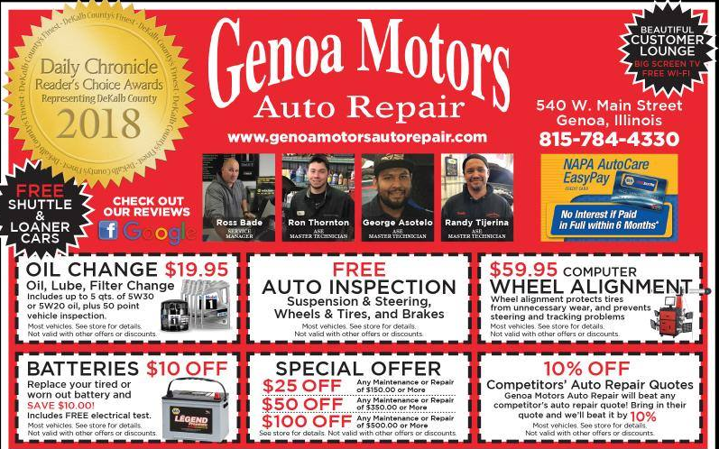 Genoa Motors Auto Repair | 540 W Main St, Genoa, IL 60135, USA | Phone: (815) 784-4330