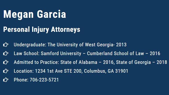 Megan Garcia Injury Attorney | 1234 1st Ave Suite 200, Columbus, GA 31901, United States | Phone: (706) 223-5721