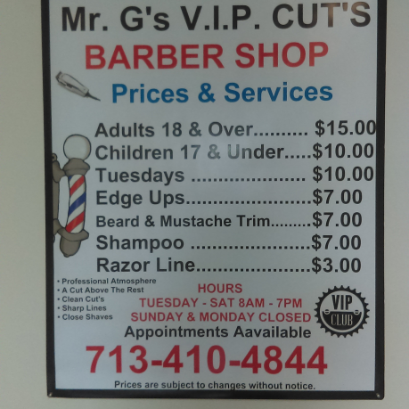 Mr. Gs V.I.P. Cuts | 6314 W Little York Rd, Houston, TX 77091, USA | Phone: (713) 410-4844