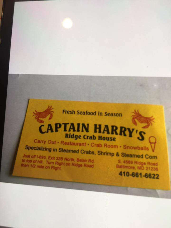 Captain Harrys Ridge Crab House | 4569 Ridge Rd, Nottingham, MD 21236, USA | Phone: (410) 661-6622