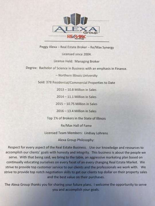 Peggy Alexa - The Alexa Group Of Re/Max Synergy | 20529 South La Grange Road, Frankfort, IL 60423 | Phone: (815) 212-3939