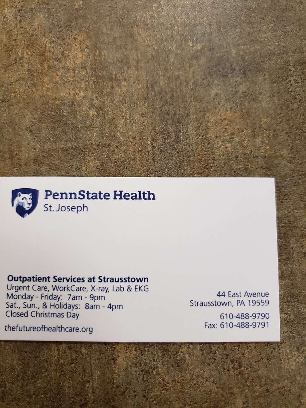 Penn State Health St. Joseph Strausstown Urgent Care | 44 East Ave, Strausstown, PA 19559, USA | Phone: (610) 488-9790