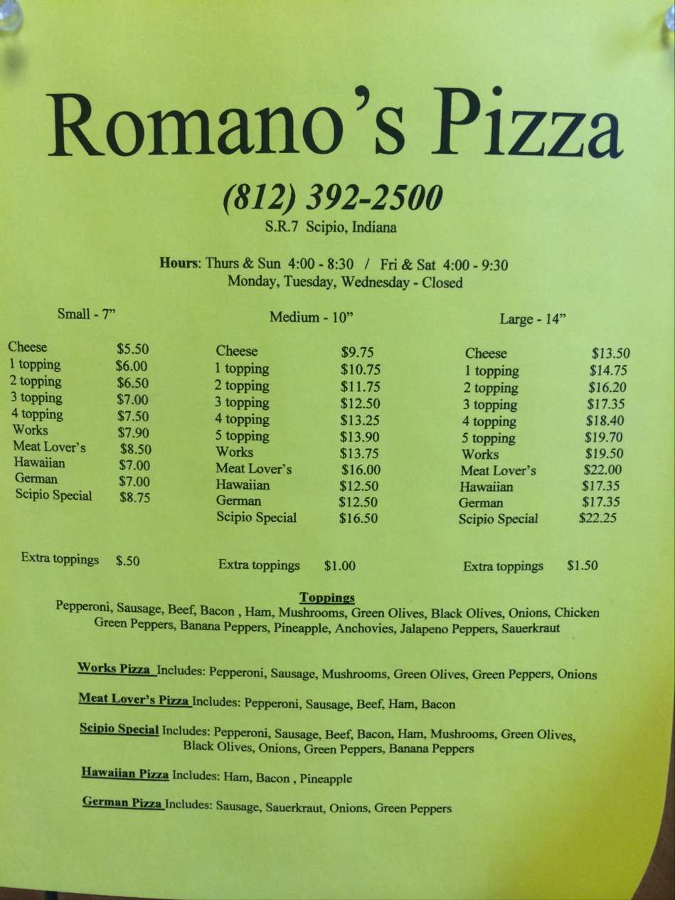 Romano Pizza | 6565 State Hwy 7, Scipio, IN 47273, USA | Phone: (812) 392-2500
