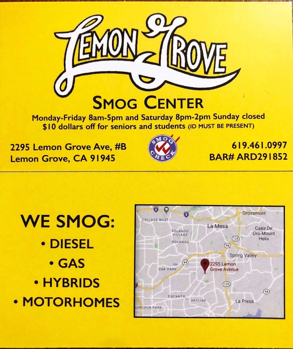 Lemon Grove Smog Center | 2295 Lemon Grove Ave #B, Lemon Grove, CA 91945, USA | Phone: (619) 461-0997