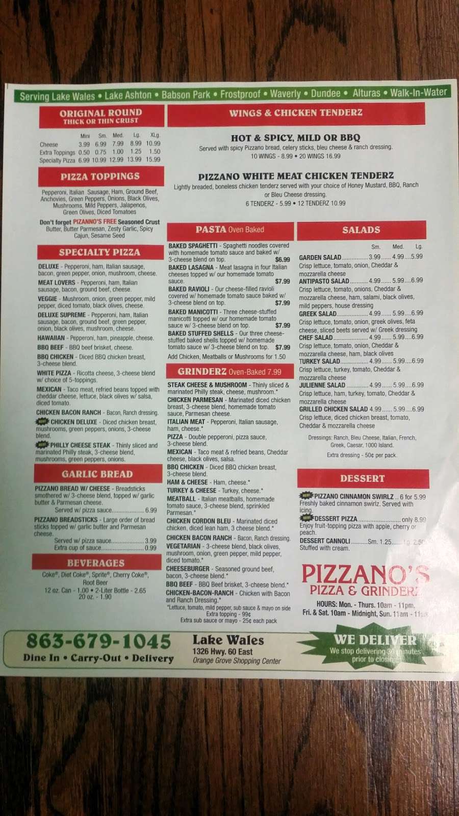 Pizzanos Pizza | 1326 FL-60 #100, Lake Wales, FL 33853, USA | Phone: (863) 679-1045