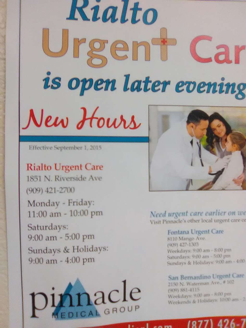 Pinnacle Medical Group Rialto Office & Urgent Care Center | 1851 N Riverside Ave, Rialto, CA 92376, USA | Phone: (909) 421-2700