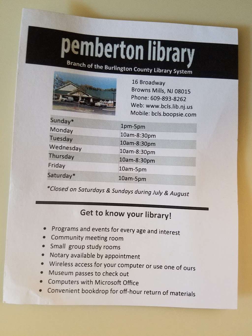 Pemberton Community Library | 16 Broadway St, Browns Mills, NJ 08015, USA | Phone: (609) 893-8262