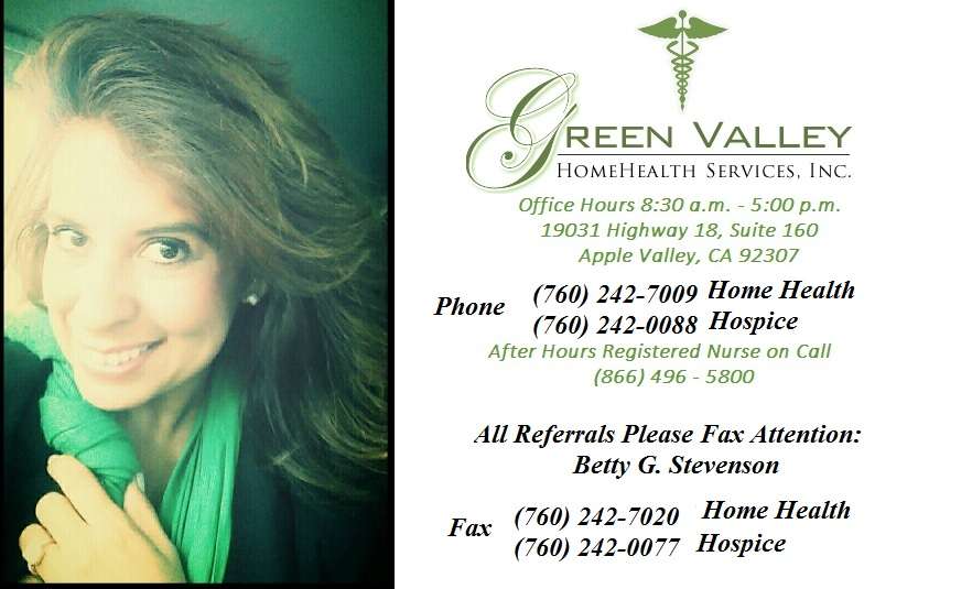 Green Valley Home Health Services Inc | 19031 CA-18 # 180, Apple Valley, CA 92307, USA | Phone: (760) 242-7009