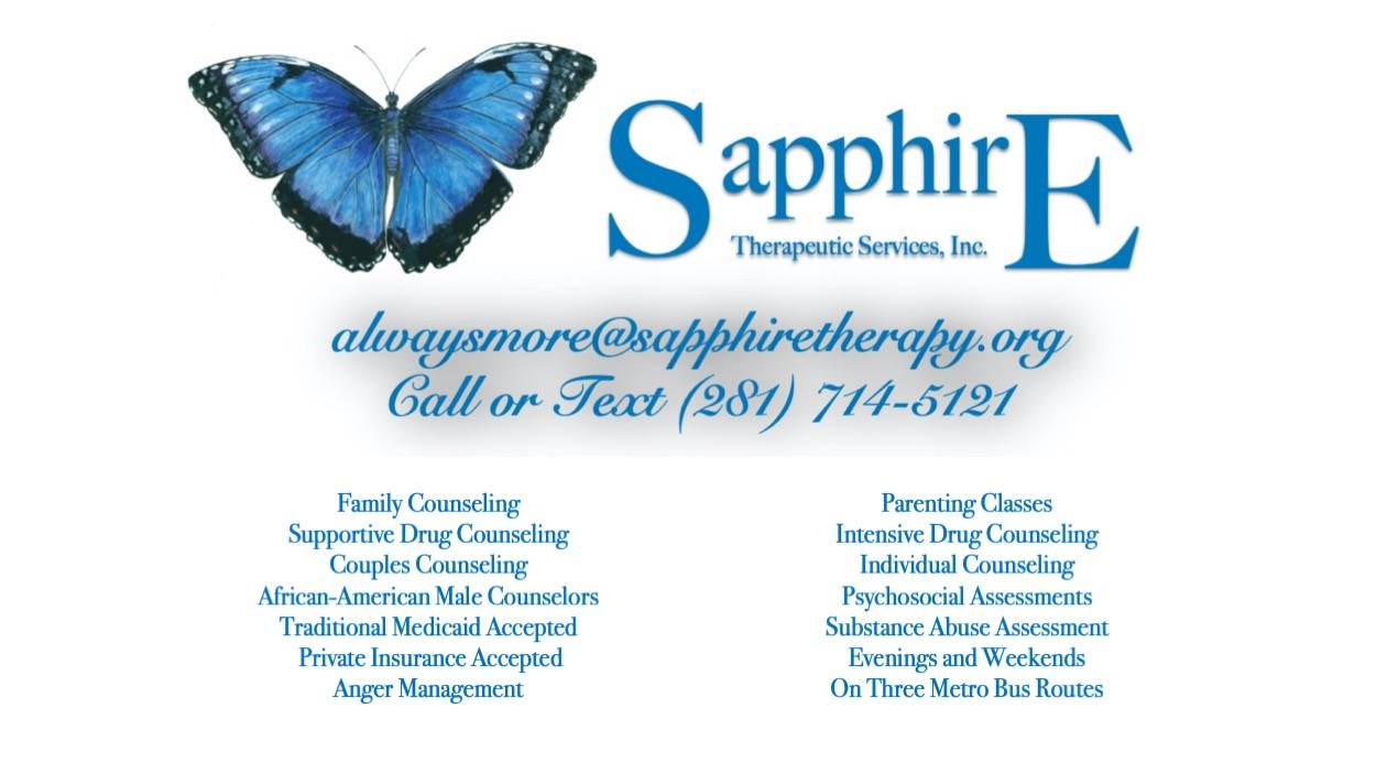 Sapphire Therapeutic Services, Inc. | 4606 FM 1960 #144, Houston, TX 77069, United States | Phone: (281) 714-5121