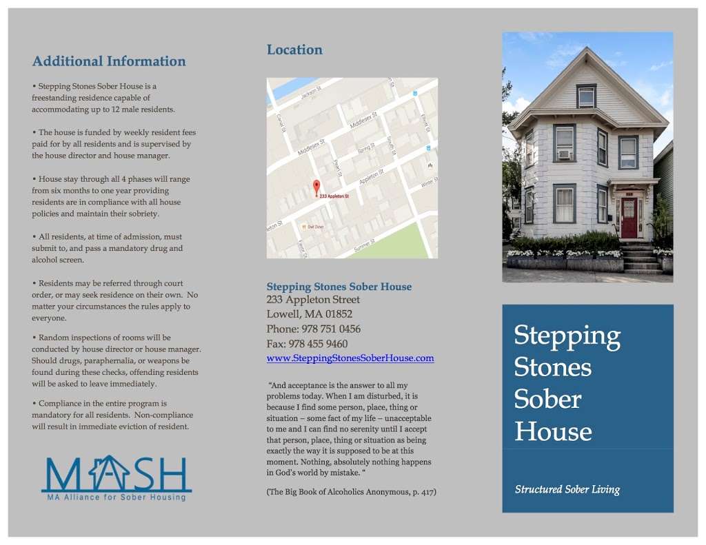 Stepping Stones Sober House | 233 Appleton St, Lowell, MA 01852, USA | Phone: (800) 947-2443