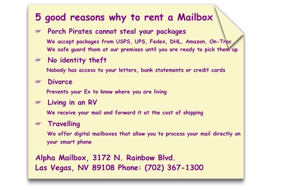 Alpha Mailbox | 3172 N Rainbow Blvd, Las Vegas, NV 89108, USA | Phone: (702) 367-1300