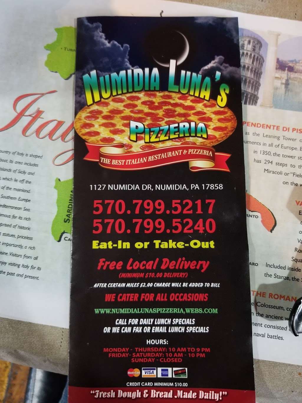 Numidia Lunas Pizzeria | 1127 Numidia Dr, Catawissa, PA 17820, USA | Phone: (570) 799-5217