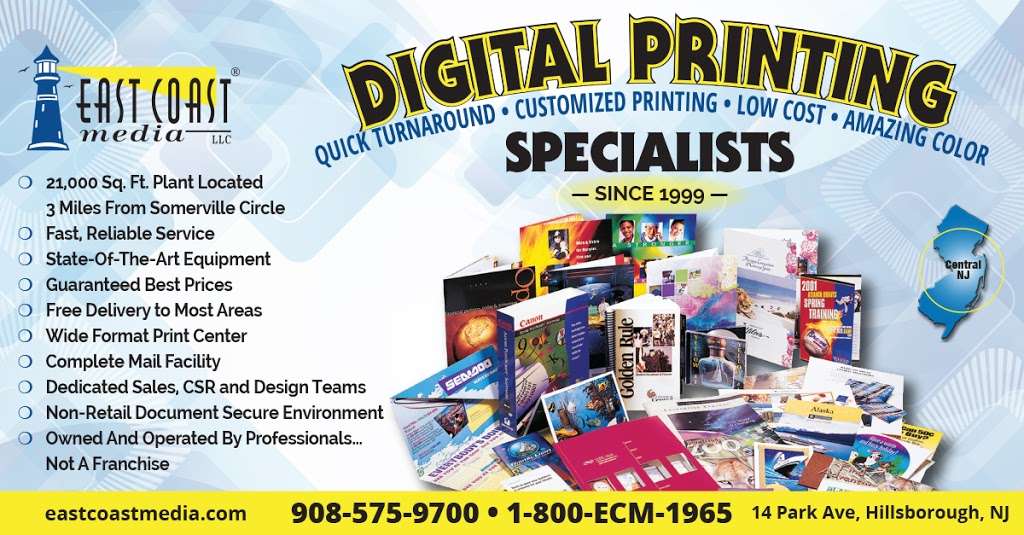 East Coast Media – Mailing, Digital & Wide Format Printing | 14 Park Ave, Hillsborough Township, NJ 08844 | Phone: (908) 575-9700