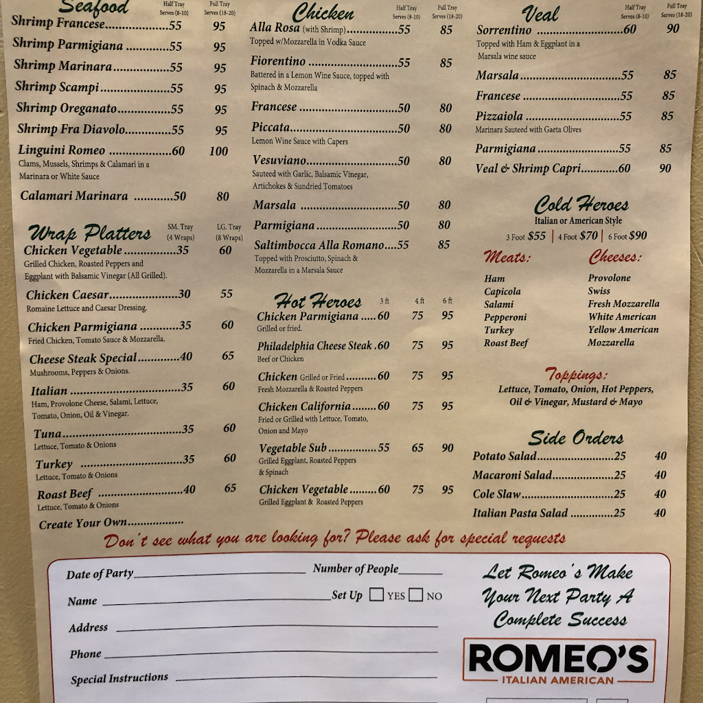 Romeo’s Italian American | 177 Elton Adelphia Rd, Freehold, NJ 07728 | Phone: (732) 431-2002