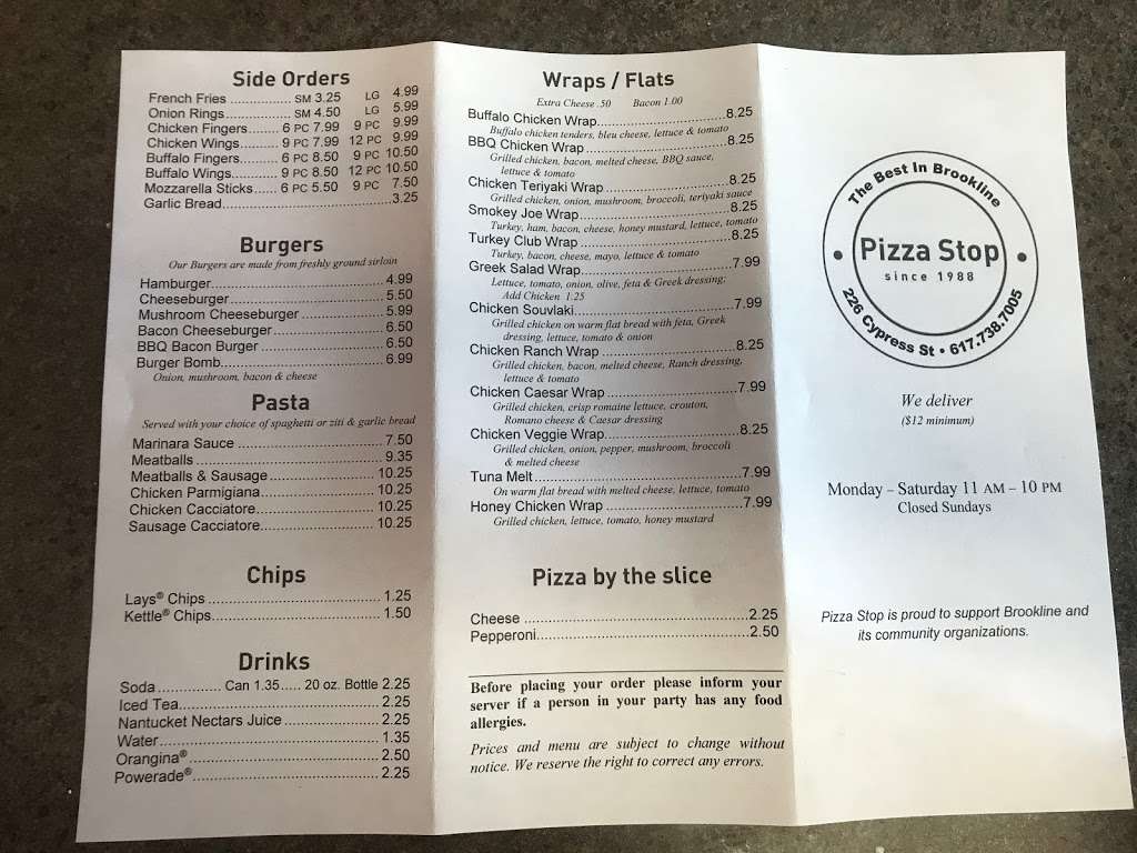 Pizza Stop | 226 Cypress St, Brookline, MA 02445 | Phone: (617) 738-7005