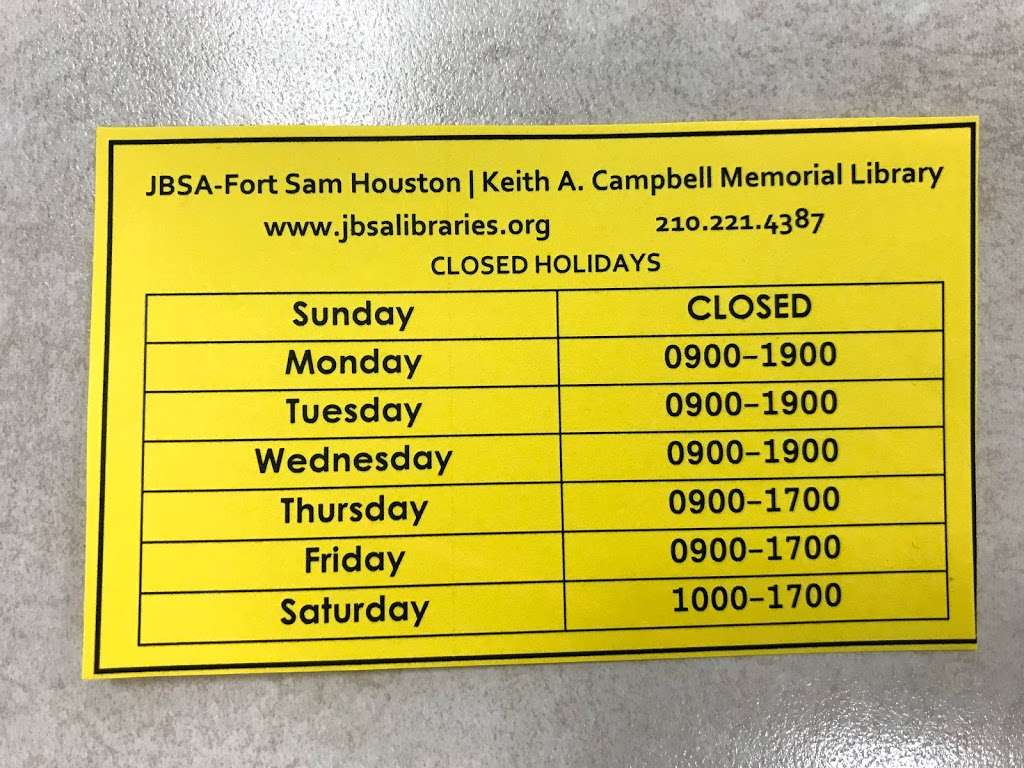 Campbell Memorial Library | 122 Harney Path, Fort Sam Houston, TX 78234, USA | Phone: (210) 221-4702