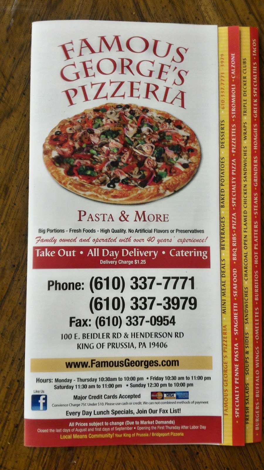 Famous Georges Pizzeria Pasta | 100 E Beidler Rd, King of Prussia, PA 19406, USA | Phone: (610) 337-7771