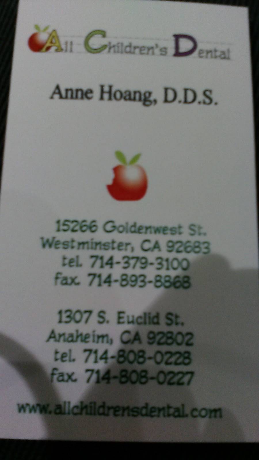 All Childrens Dental | 15266 Goldenwest St, Westminster, CA 92683, USA | Phone: (714) 379-3100