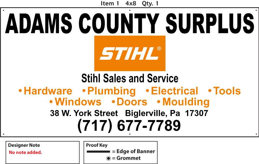 Adams County Surplus & Stihl Dealership | 38 W York St, Biglerville, PA 17307, USA | Phone: (717) 677-7789
