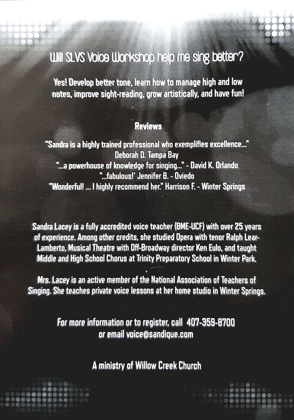 Sandra Lacey Voice Studio | 1410 Winding Stream Ct, Winter Springs, FL 32708, USA | Phone: (407) 359-8700