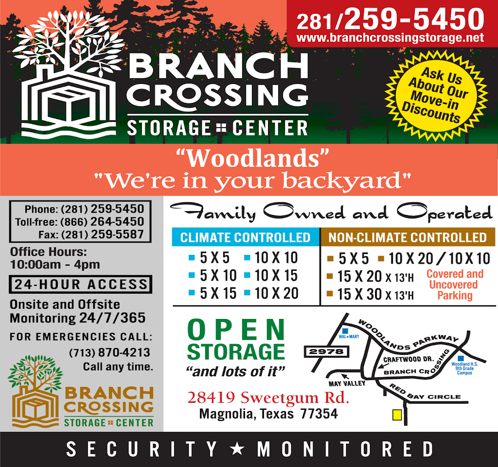 Branch Crossing Storage Center | 28419 Sweetgum Rd, Magnolia, TX 77354, USA | Phone: (281) 259-5450