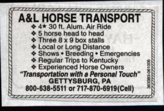 A & L Horse Transport | 962 Centennial Rd, New Oxford, PA 17350, USA | Phone: (717) 870-6919