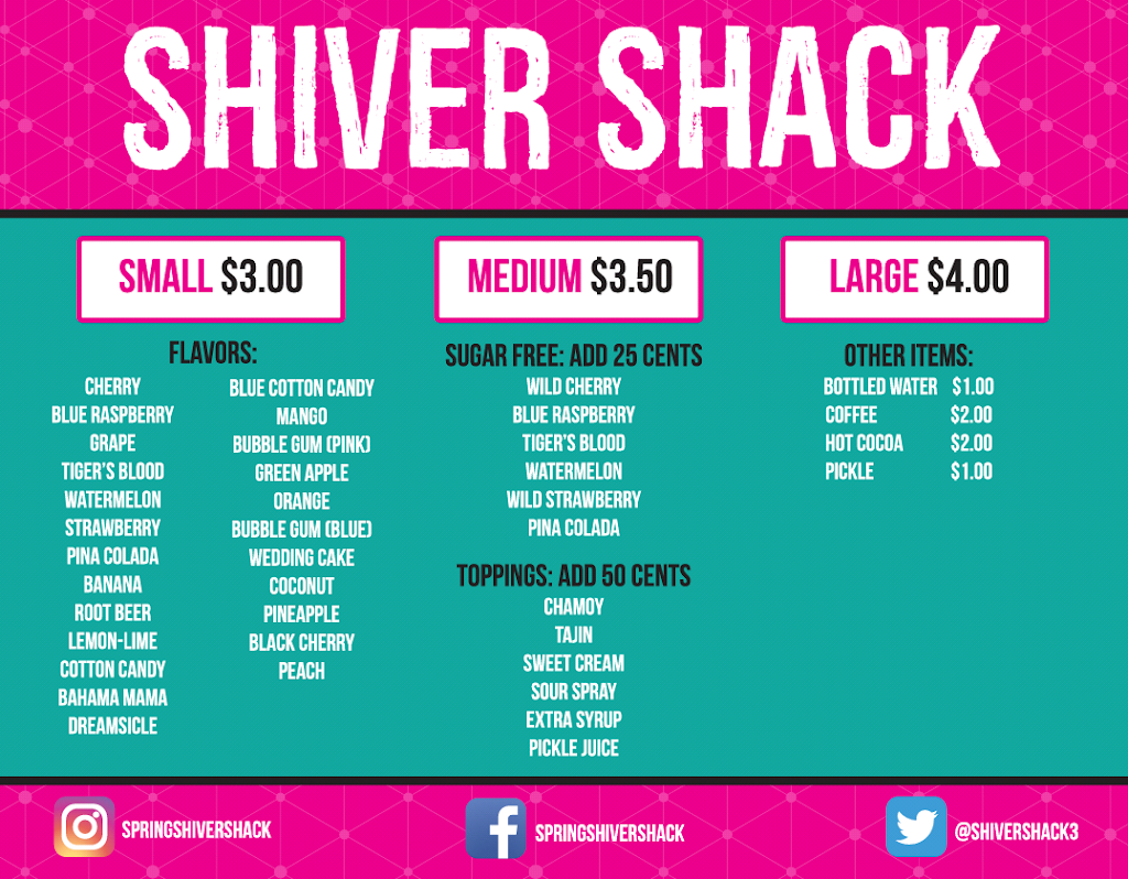 Shiver Shack | 22003 Mossy Oaks Rd, Spring, TX 77389, USA | Phone: (281) 939-2284