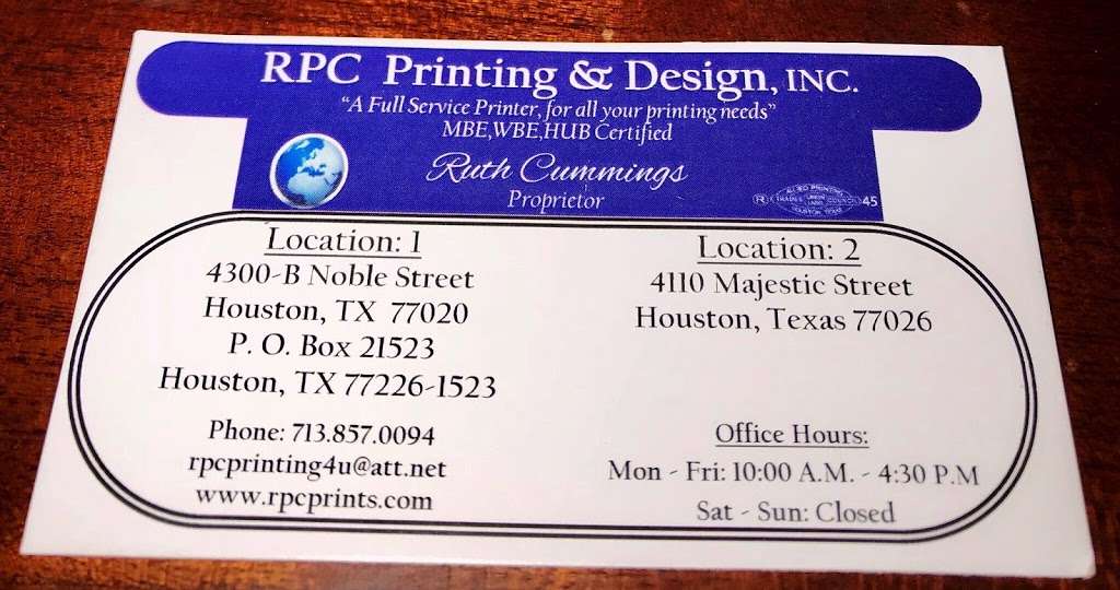 RPC Printing & Design, Inc. | 4300-B, Noble St, Houston, TX 77020, USA | Phone: (713) 857-0094