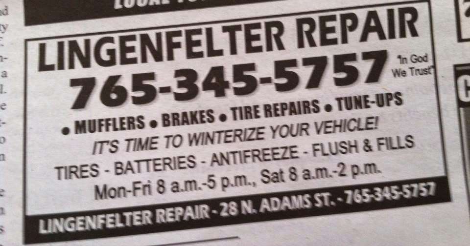Lingenfelter Repair | 28 N Adams St, Knightstown, IN 46148, USA | Phone: (765) 345-5757