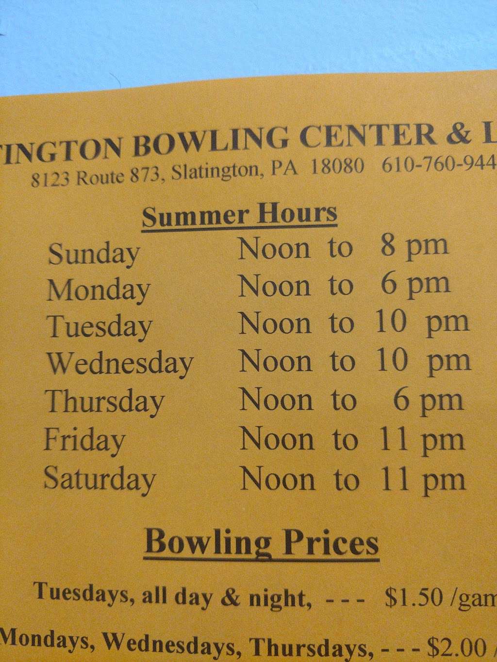 Slatington Bowling Center | 8123 PA-873, Slatington, PA 18080, USA | Phone: (610) 760-9443