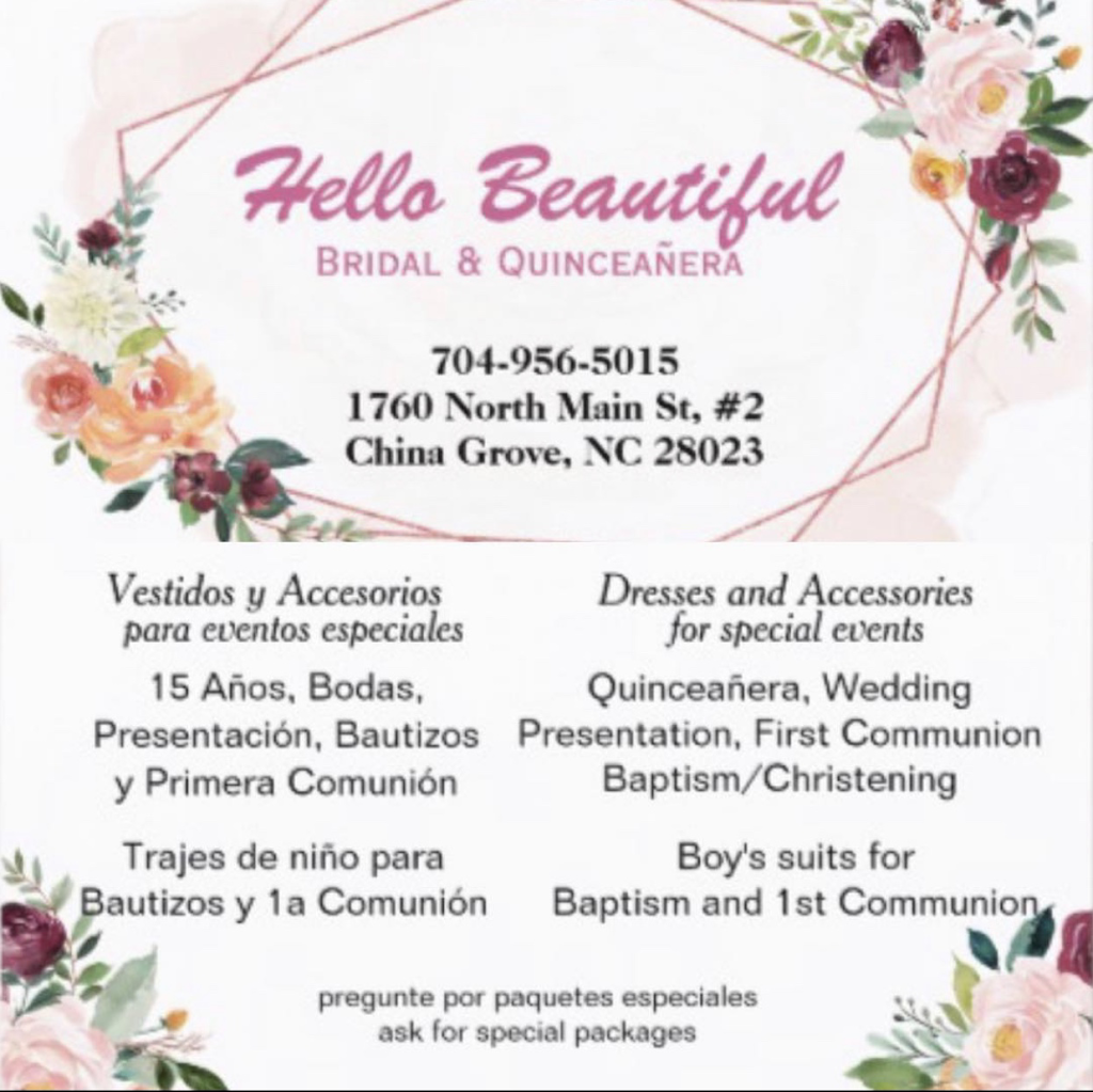 Hello Beautiful Bridal & Quinceañera | 1760 N Main St Unit #2, China Grove, NC 28023, USA | Phone: (704) 956-5015