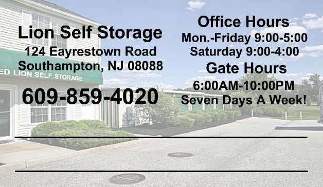 Lion Self Storage | 124 Eayrestown Rd, Southampton Township, NJ 08088, USA | Phone: (609) 859-4020