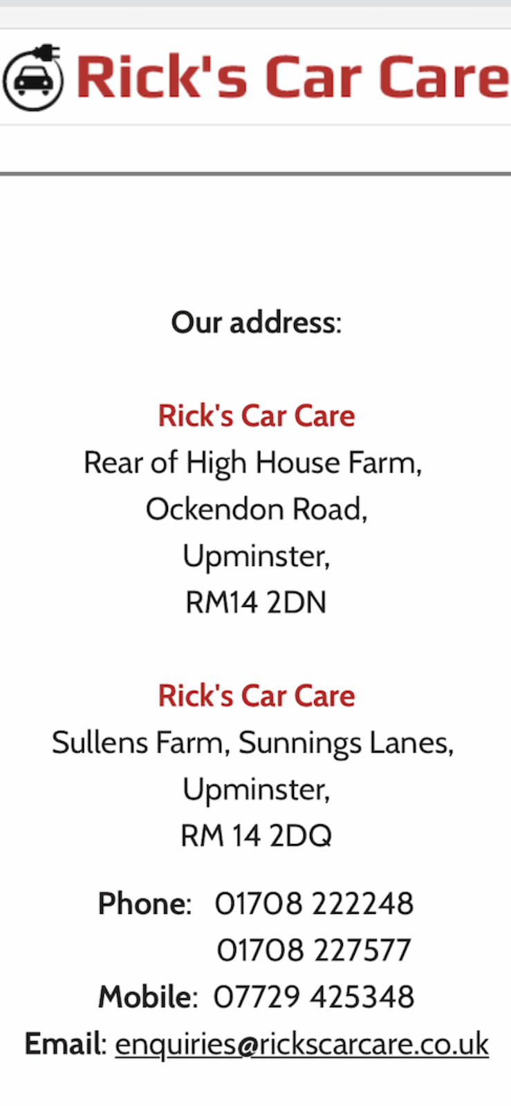 RICKS CAR CARE | SULLENS FARM, SUNNINGS LANE, Upminster RM14 2DQ, UK | Phone: 01708 227577