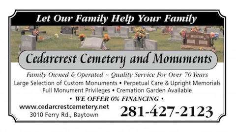 Cedarcrest Cemetery and Monuments | 3010 Ferry Rd, Baytown, TX 77520 | Phone: (281) 427-2123