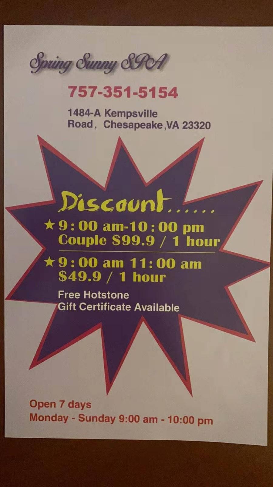 Spring Sunny Spa | 1484 Kempsville Rd, Chesapeake, VA 23320, USA | Phone: (757) 351-5154