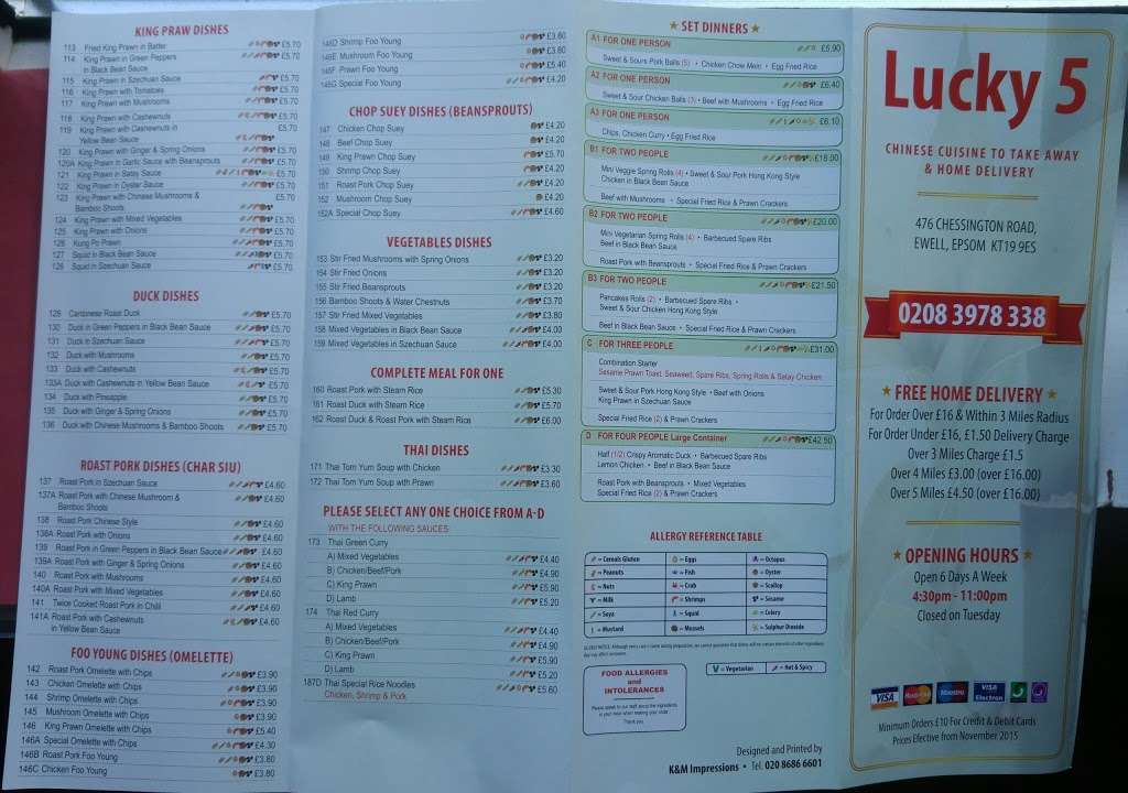 Lucky 5 Chinese Foods Home Delivery | 476 Chessington Rd, Ewell, Epsom KT19 9ES, UK | Phone: 020 8397 8338