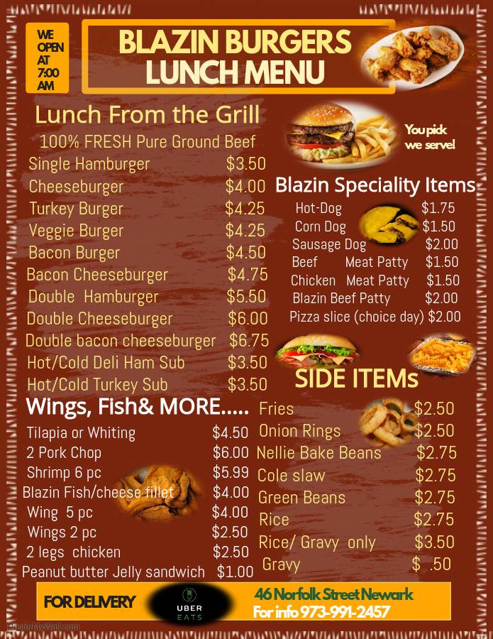 Blazin Burgers New Jersey | 46 Norfolk St, Newark, NJ 07102 | Phone: (973) 991-2457