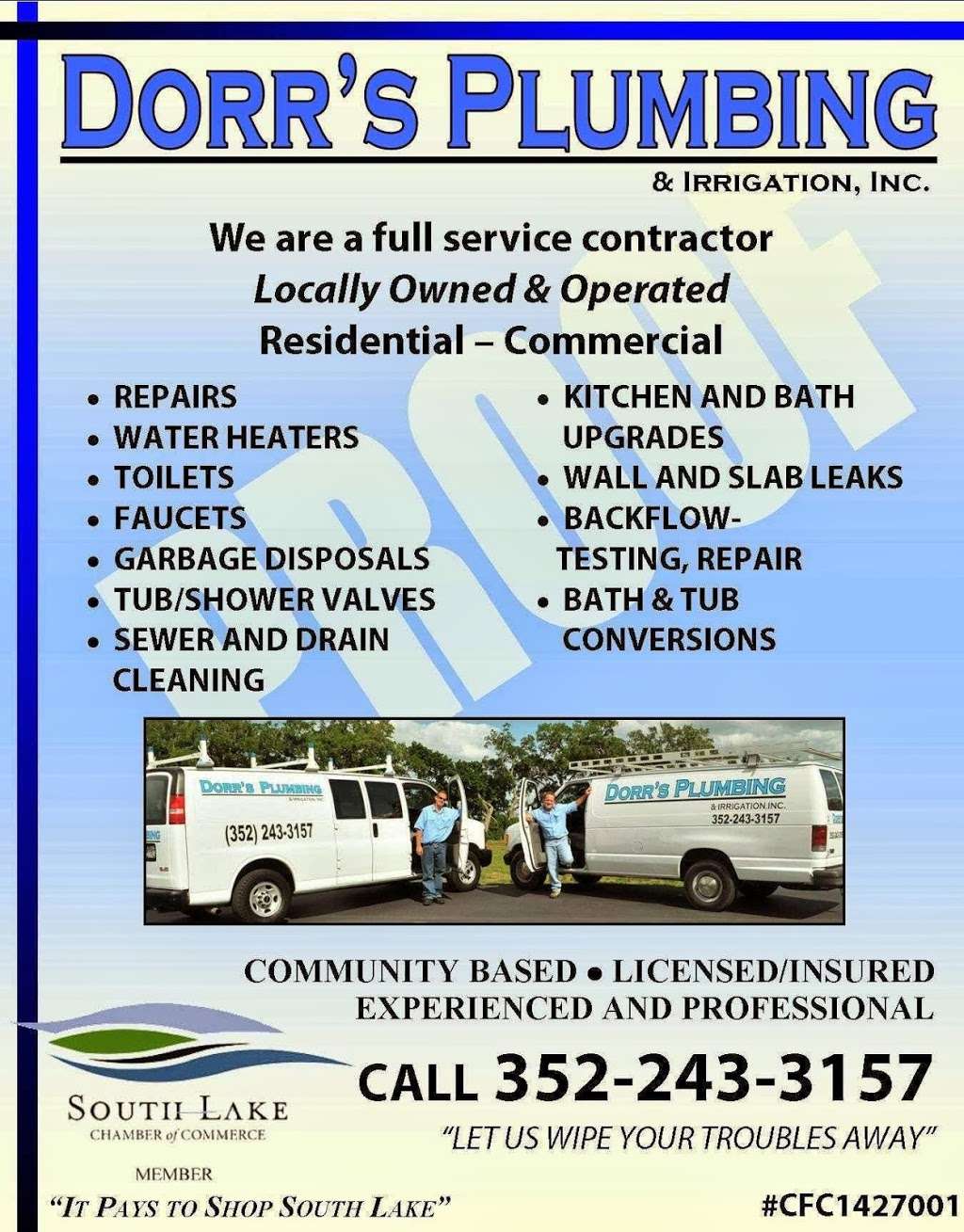 Dorrs Plumbing & Irrigation | 10010 Crenshaw Cir, Clermont, FL 34711, USA | Phone: (352) 243-3157