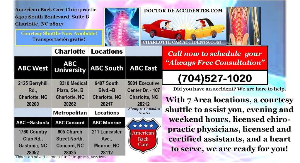 American Back Care Chiropractic South Blvd | 6407 South Blvd Suite B, Charlotte, NC 28217, USA | Phone: (704) 527-1020