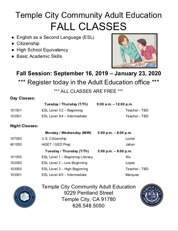 Temple City Community Adult Education 成人学校 | 9229 Pentland St, Temple City, CA 91780, USA | Phone: (626) 548-5050