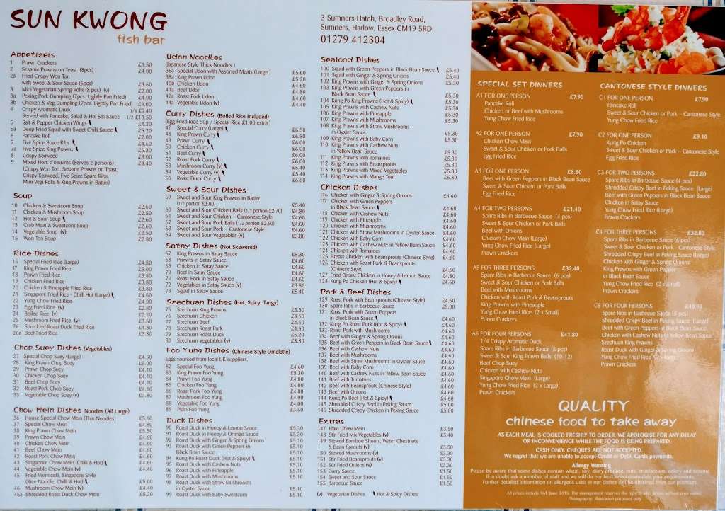 Sun Kwong Fish Bar | 3 Sumners Hatch, Broadley Road, Sumners, Harlow CM19 5RD, UK | Phone: 01279 412304